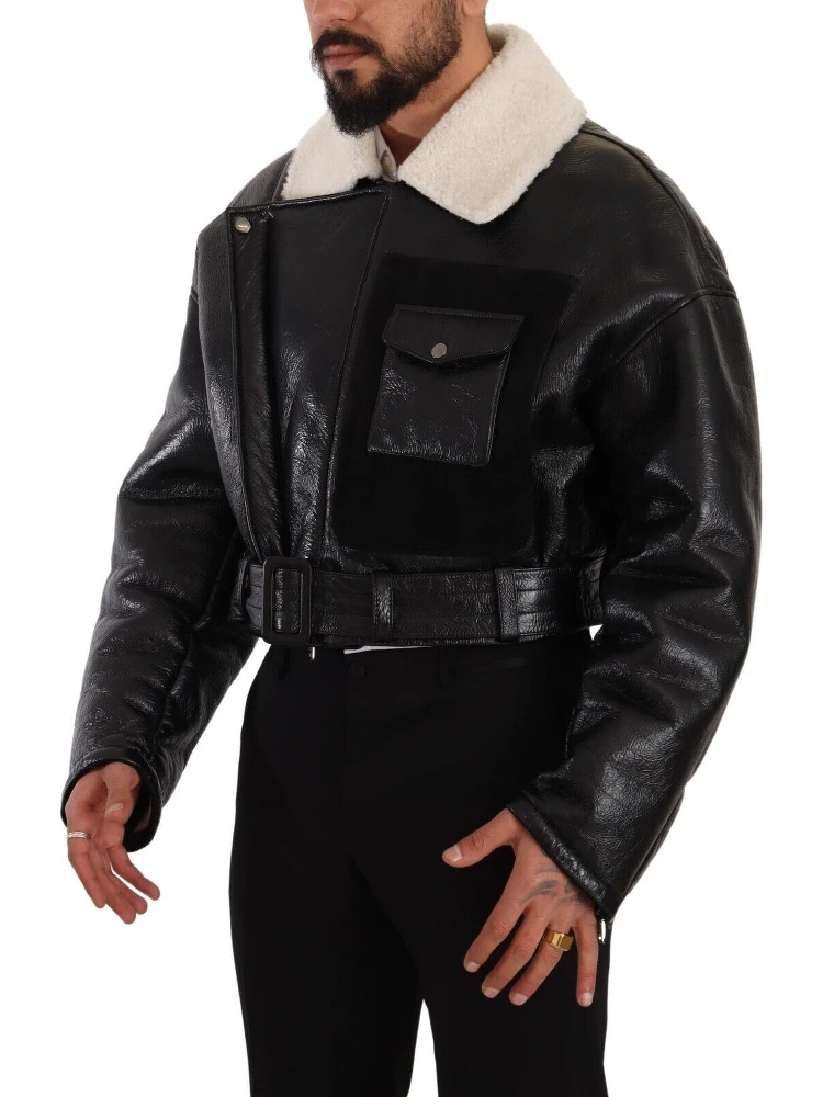 Black Leather Shearling Biker Coat Jacket alternative