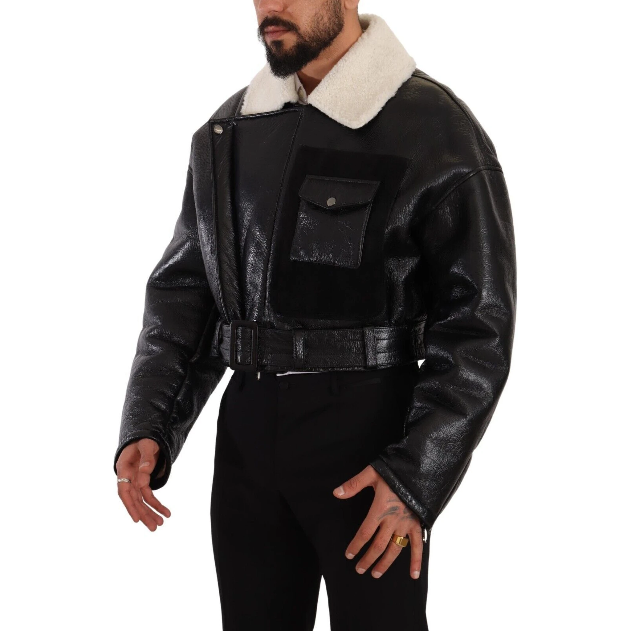 Black Leather Shearling Biker Coat Jacket