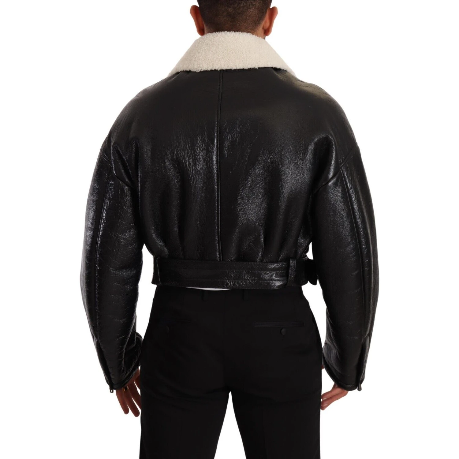 Black Leather Shearling Biker Coat Jacket