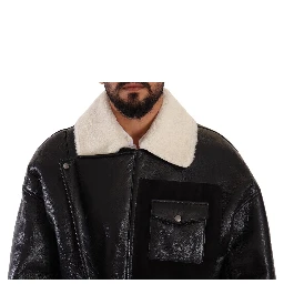 Black Leather Shearling Biker Coat Jacket