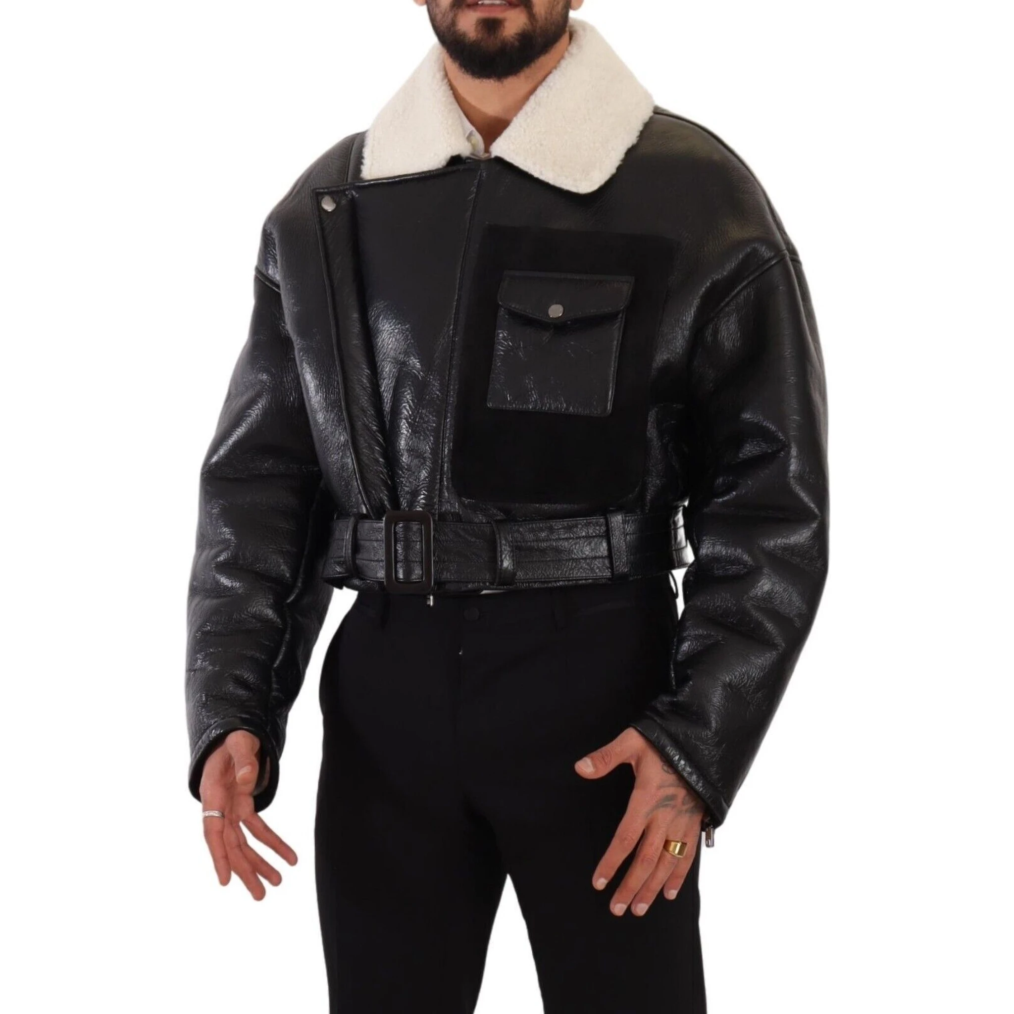 Black Leather Shearling Biker Coat Jacket