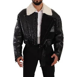 Black Leather Shearling Biker Coat Jacket