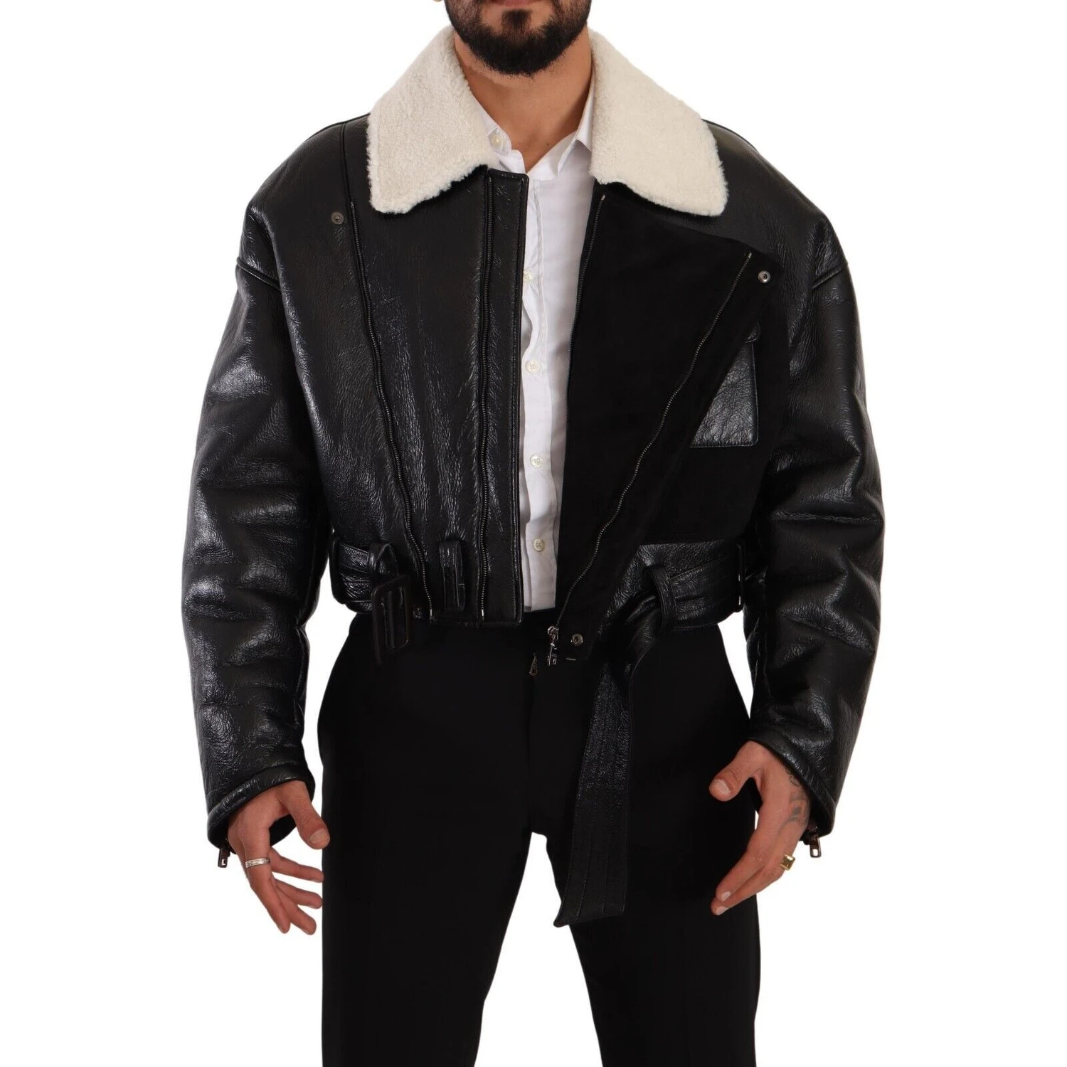 Black Leather Shearling Biker Coat Jacket