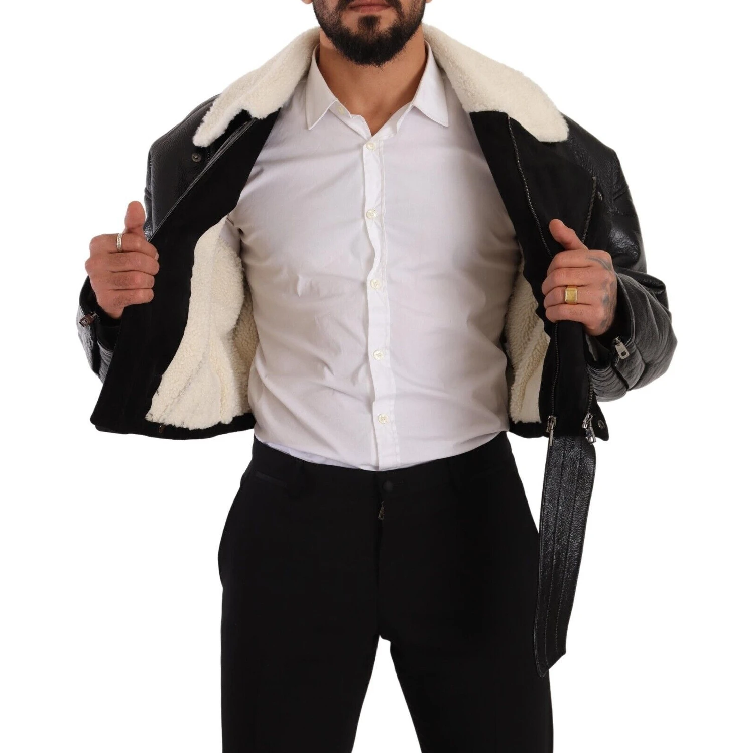 Black Leather Shearling Biker Coat Jacket