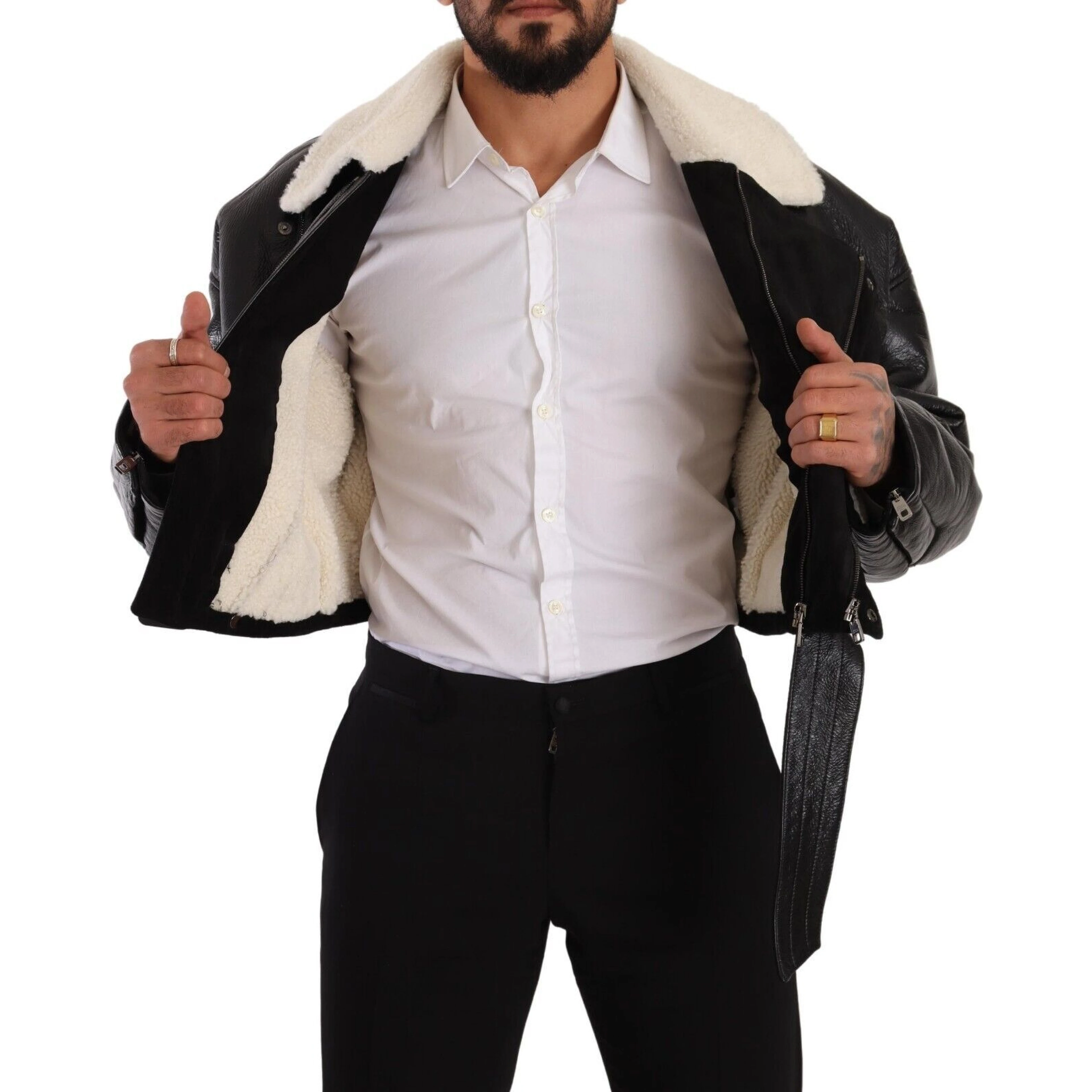 Black Leather Shearling Biker Coat Jacket
