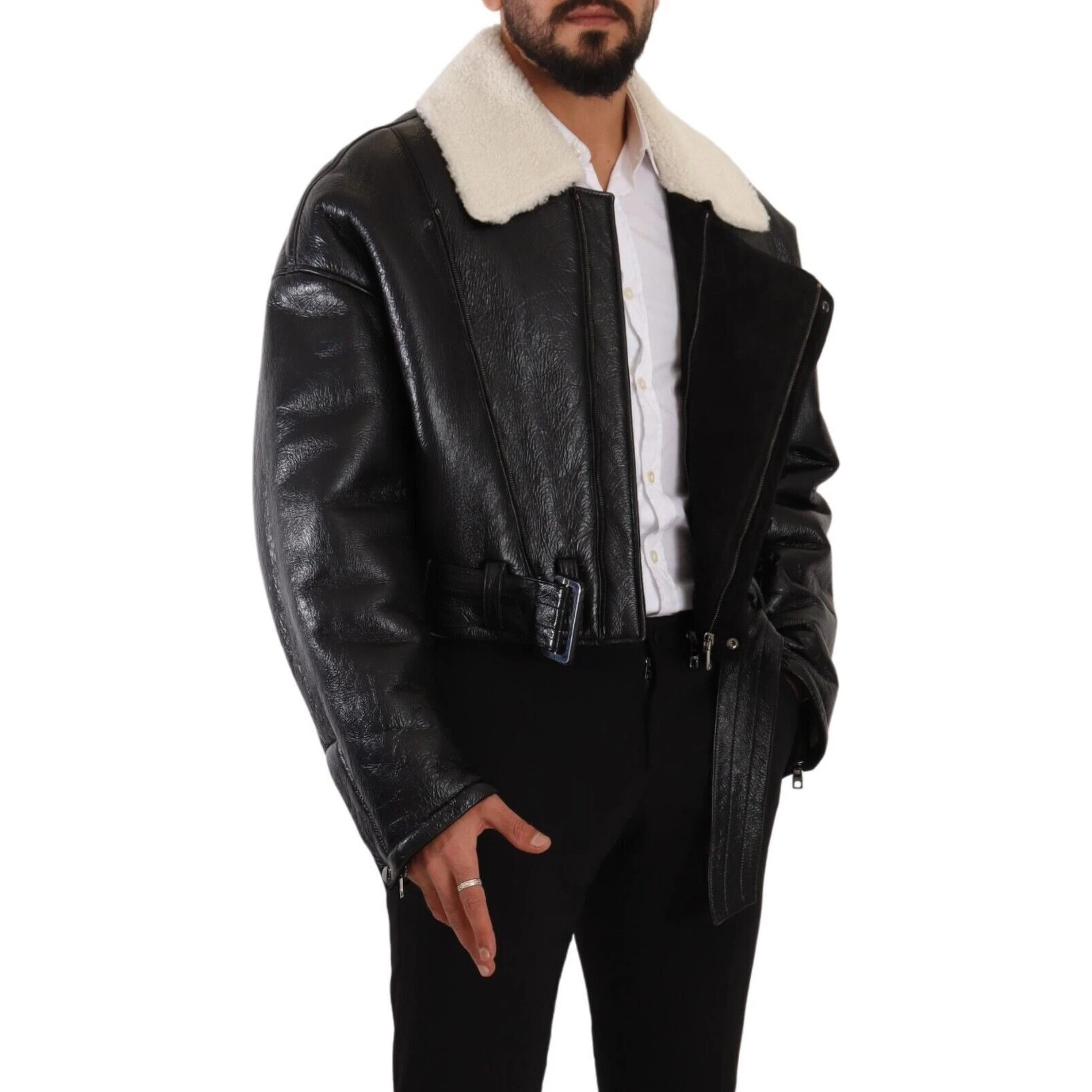 Black Leather Shearling Biker Coat Jacket