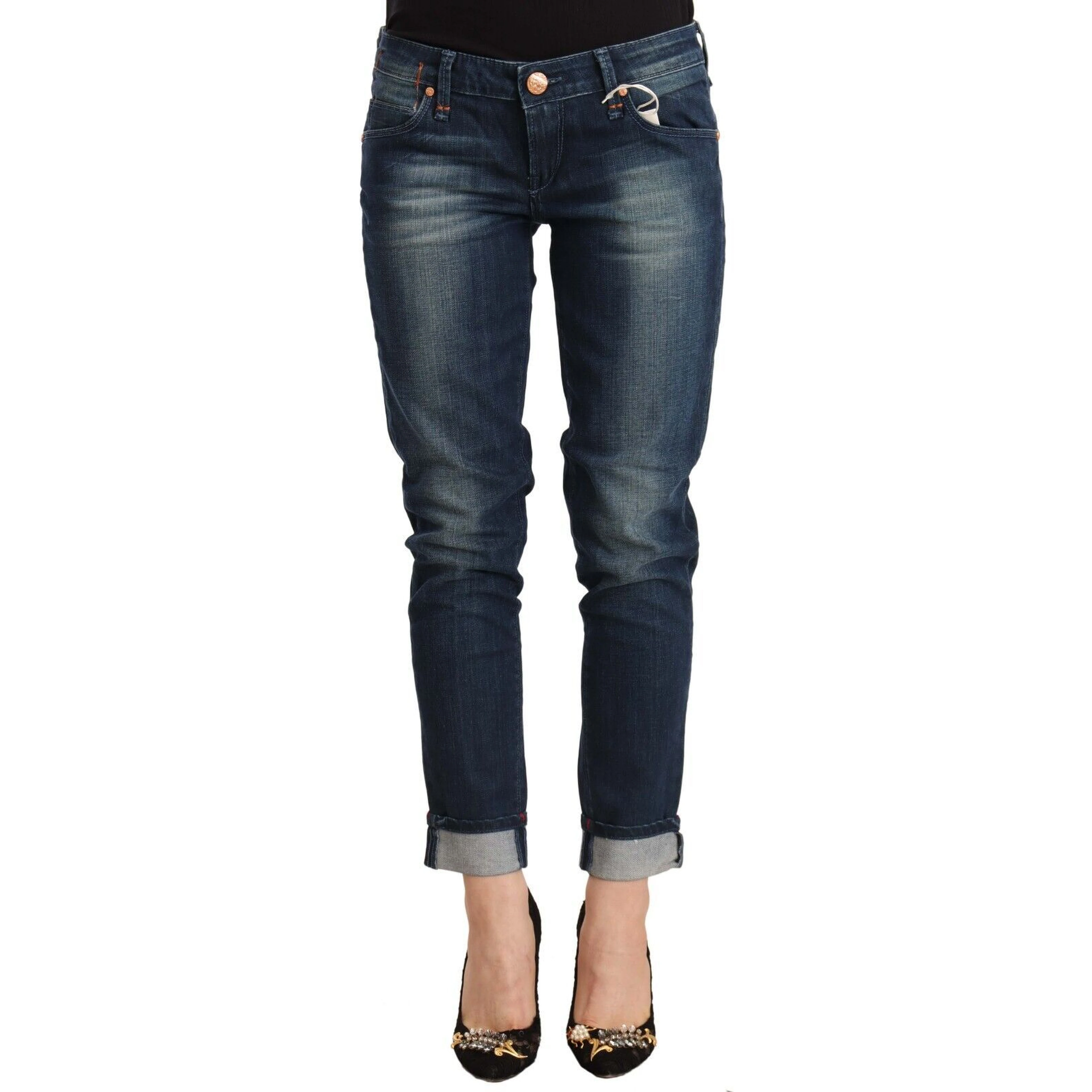 Blue Washed Low Waist Skinny Denim Folded Hem Jeans