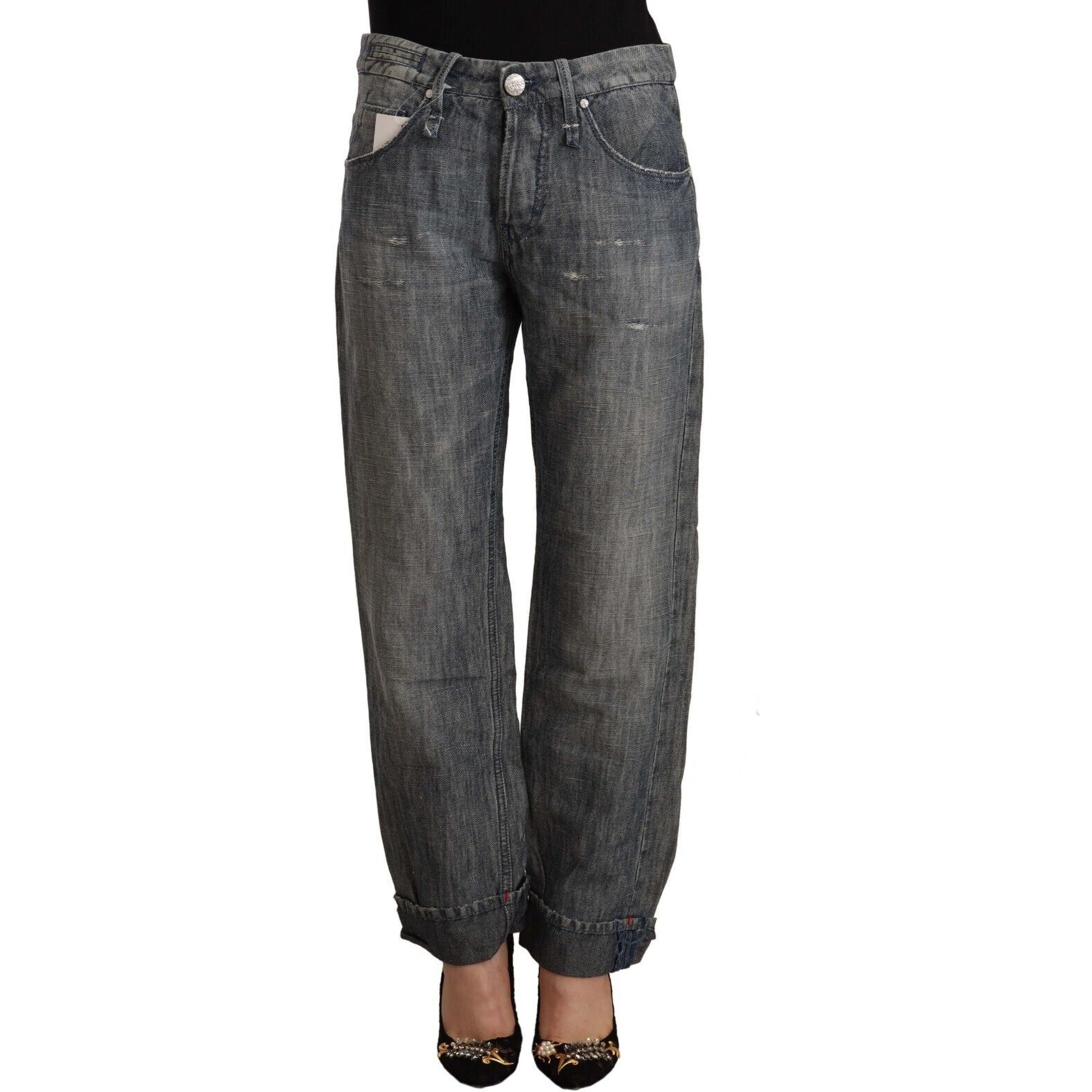 Gray Washed Ramie Straight Denim Folded Hem Jeans