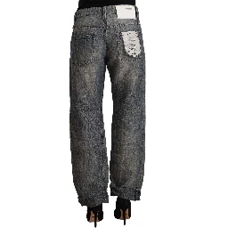 Gray Washed Ramie Straight Denim Folded Hem Jeans