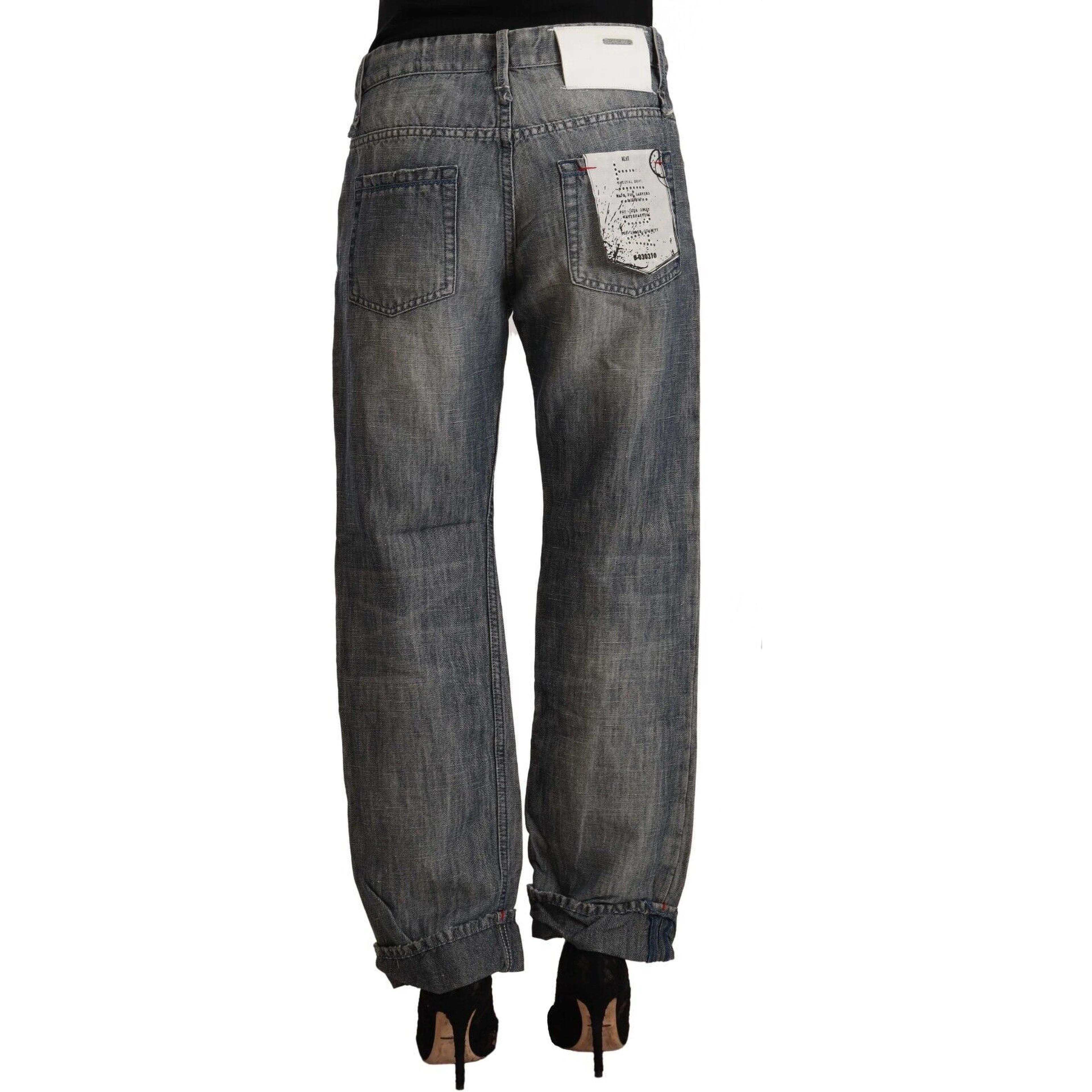 Gray Washed Ramie Straight Denim Folded Hem Jeans