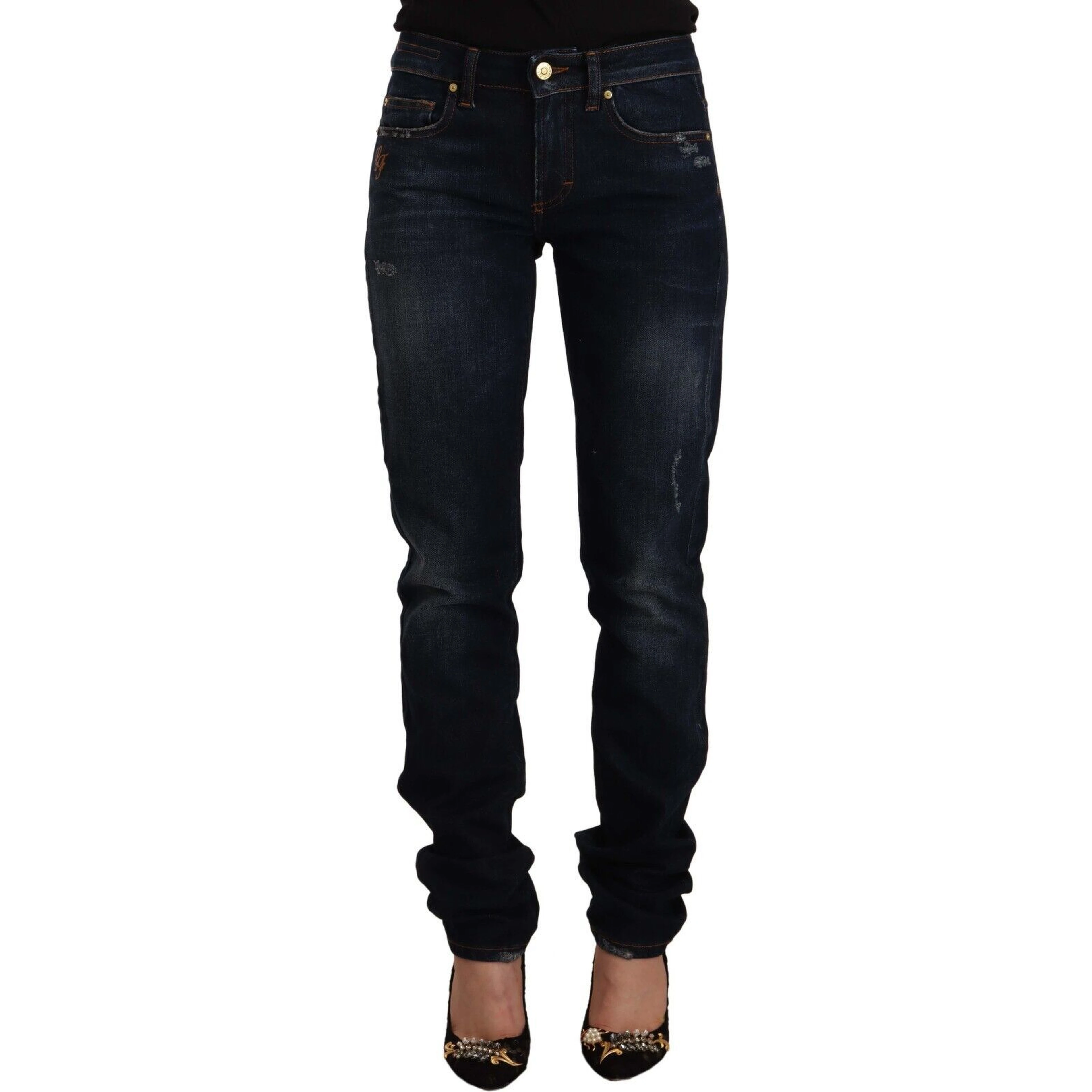 Dark Blue Washed Mid Waist Cotton Denim Skinny Jeans