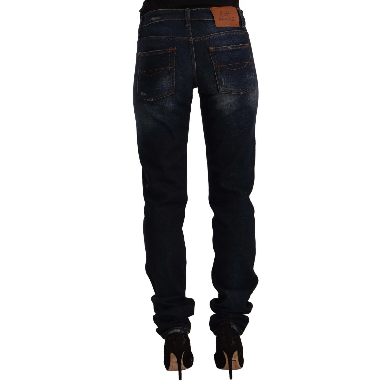Dark Blue Washed Mid Waist Cotton Denim Skinny Jeans