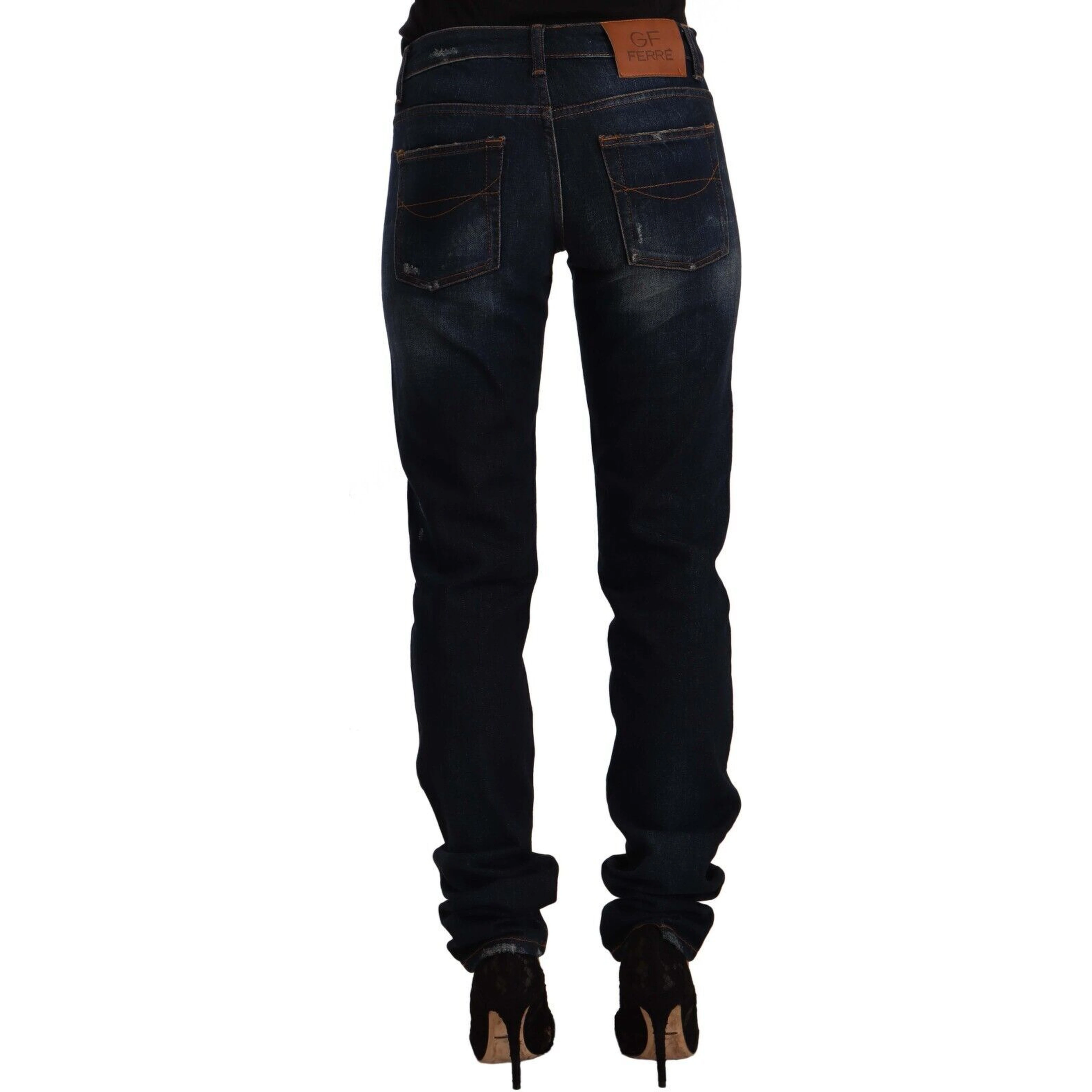 Dark Blue Washed Mid Waist Cotton Denim Skinny Jeans