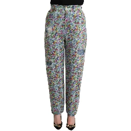 Blue Floral Print High Waist Denim Tapered Jeans