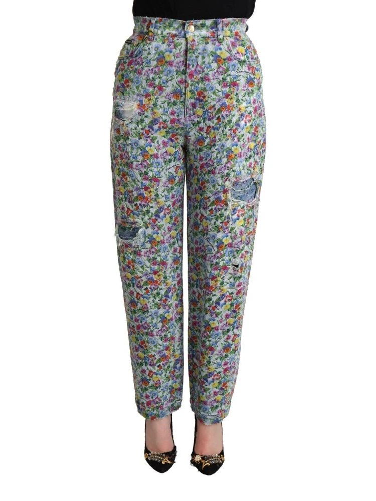 Blue Floral Print High Waist Denim Tapered Jeans