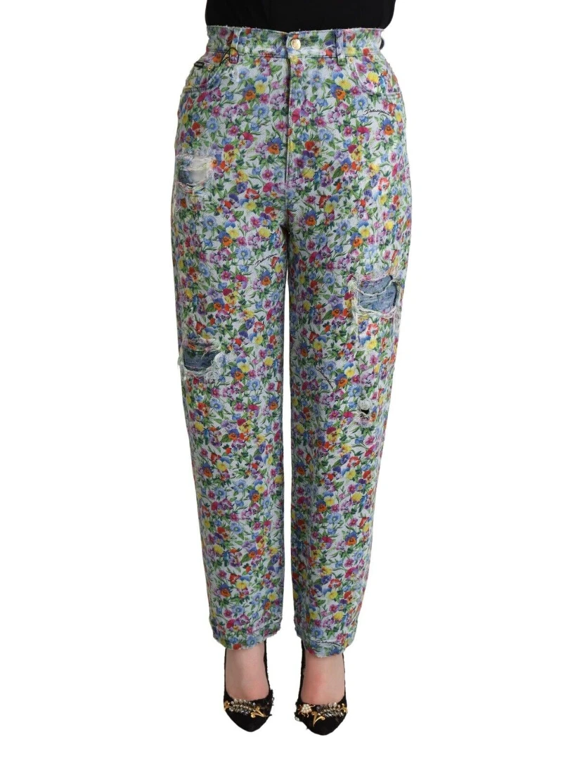 Blue Floral Print High Waist Denim Tapered Jeans