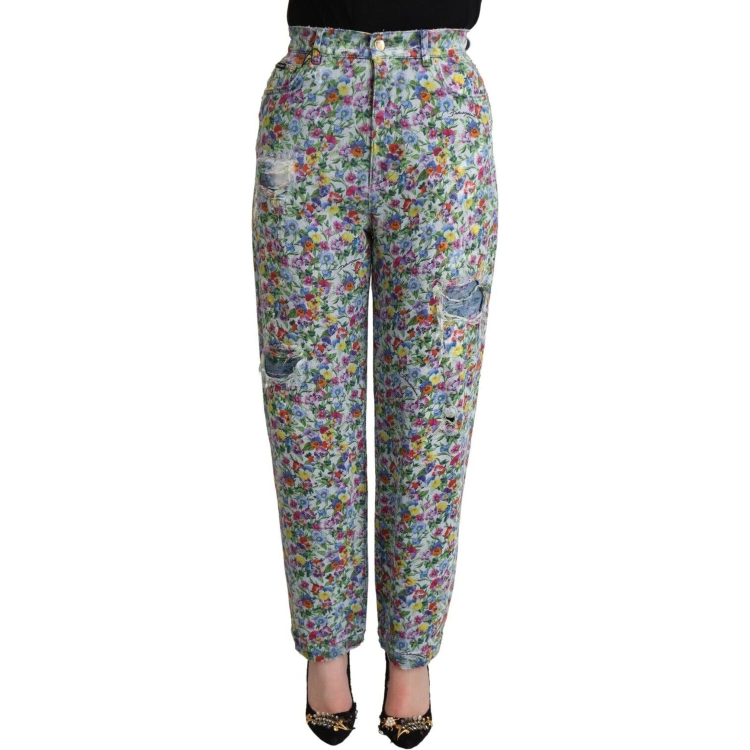 Blue Floral Print High Waist Denim Tapered Jeans