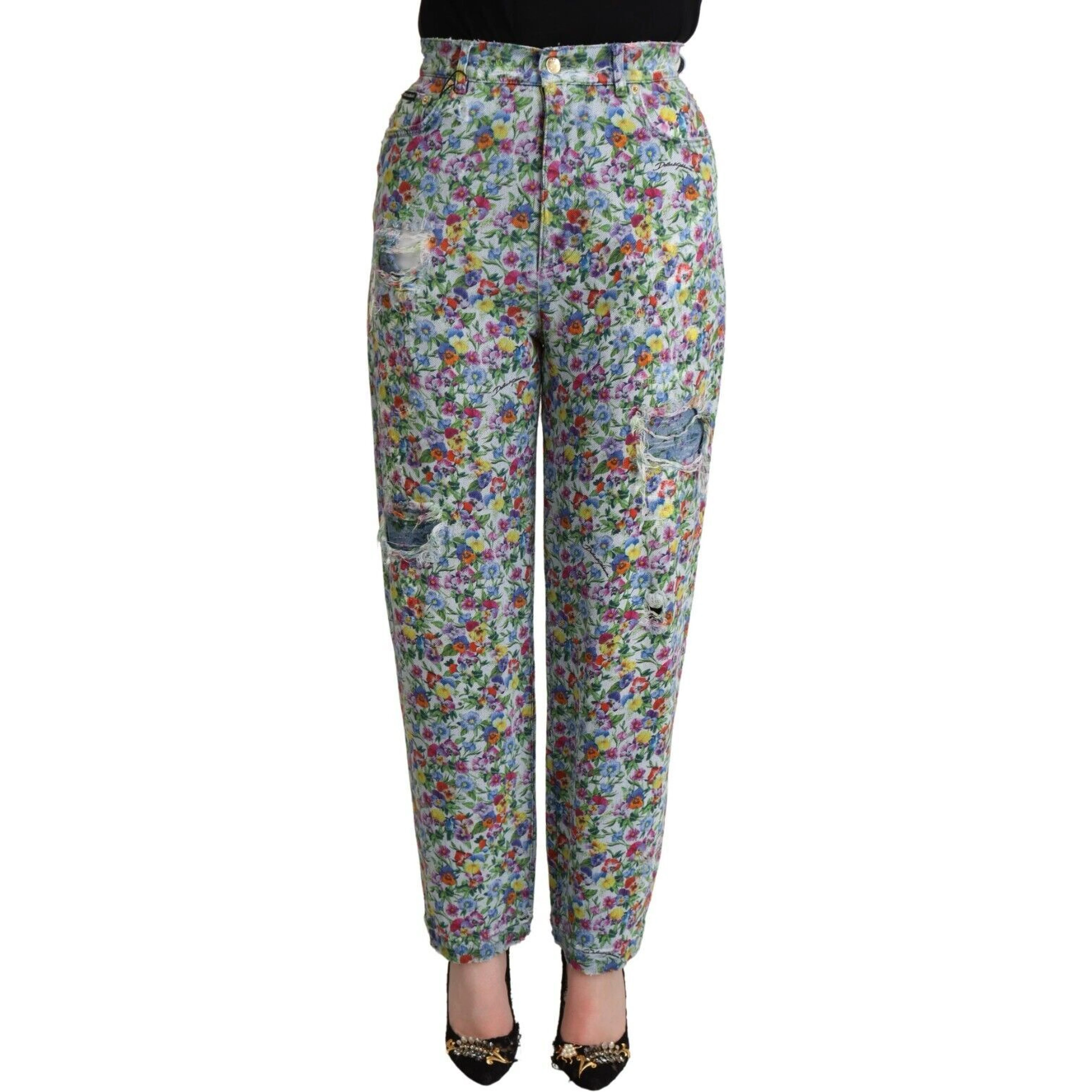 Blue Floral Print High Waist Denim Tapered Jeans