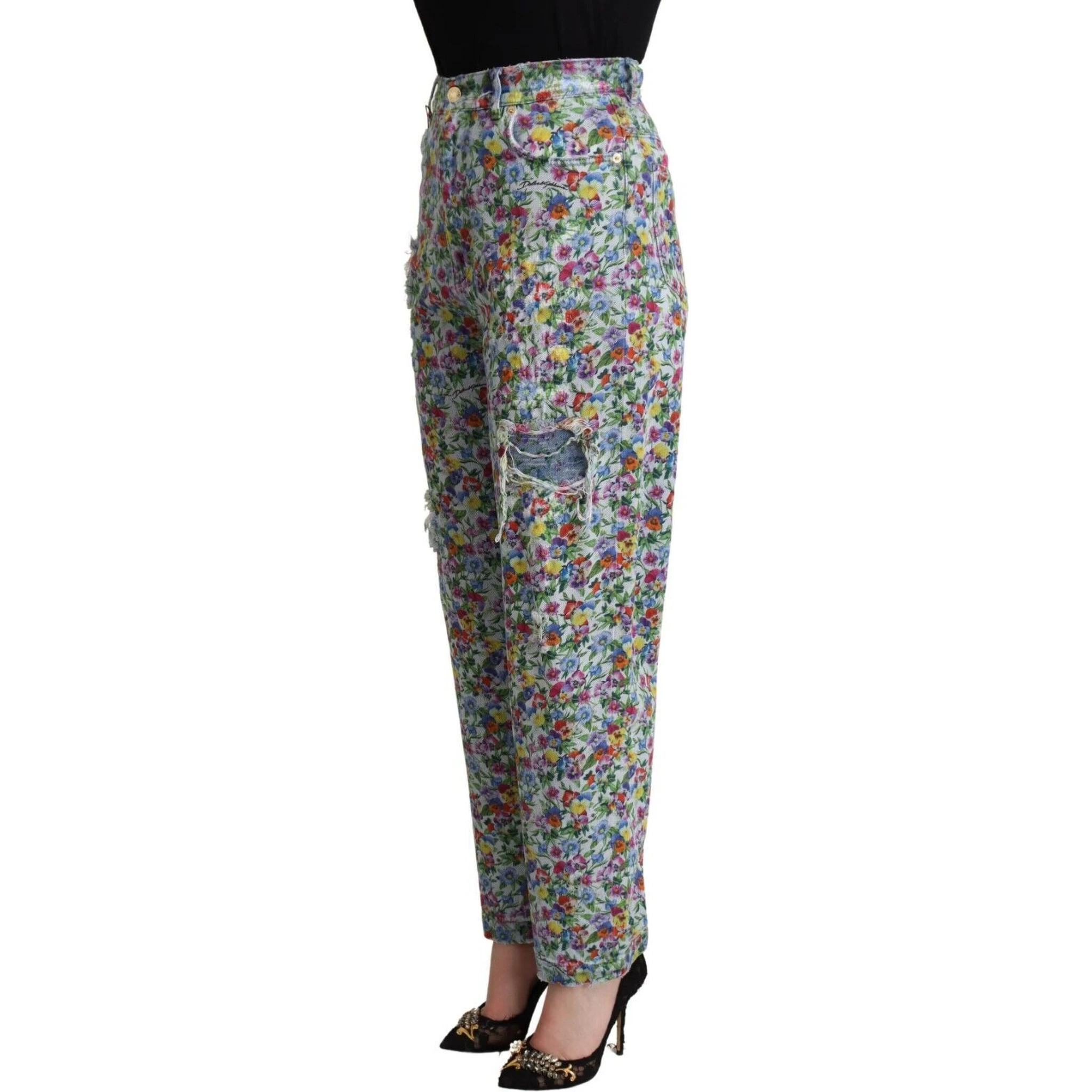 Blue Floral Print High Waist Denim Tapered Jeans