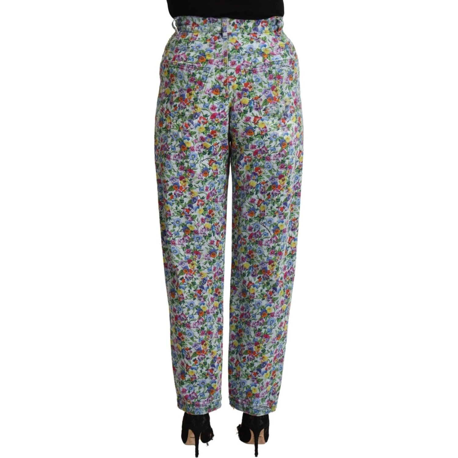 Blue Floral Print High Waist Denim Tapered Jeans