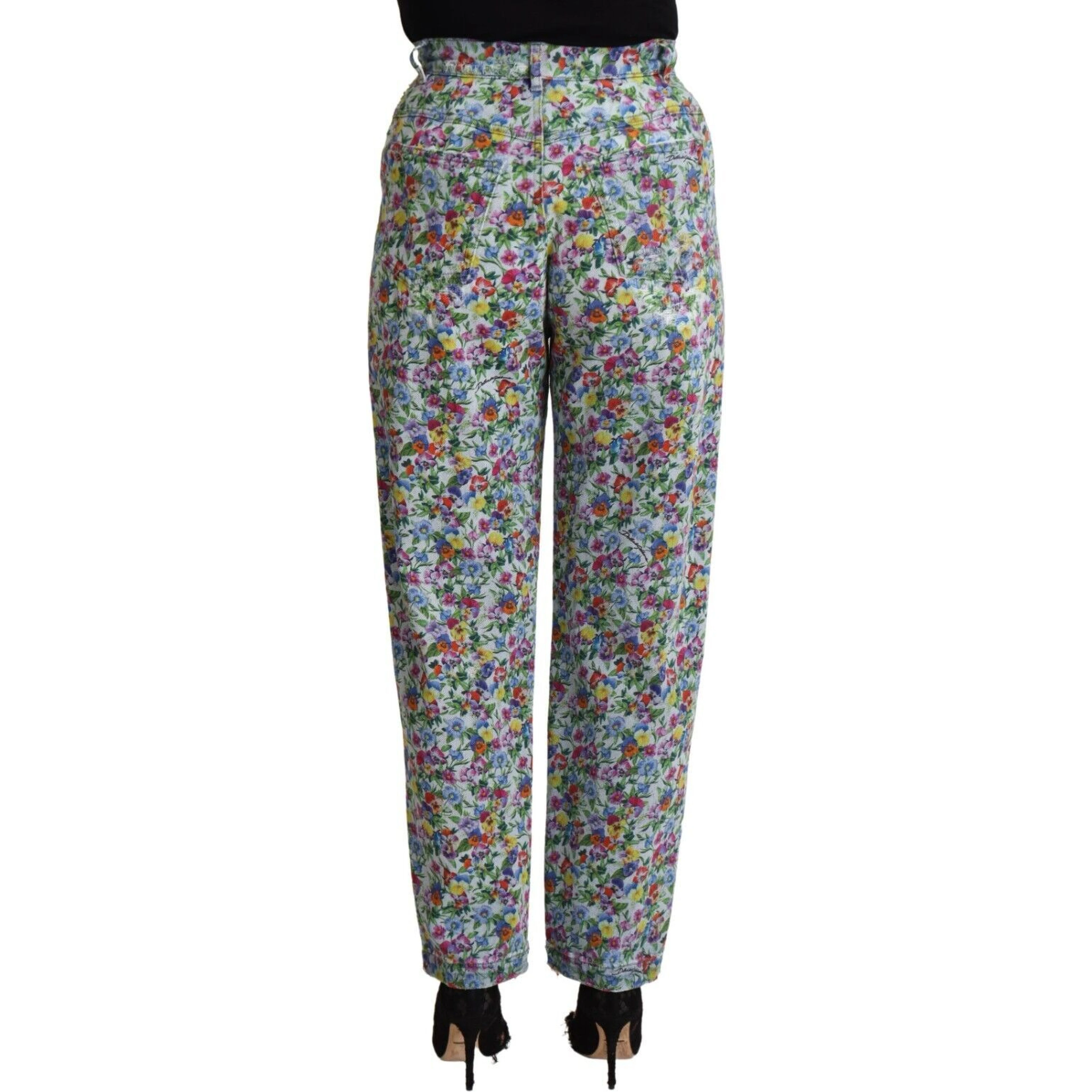 Blue Floral Print High Waist Denim Tapered Jeans