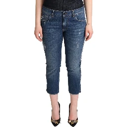 Blue Washed Mid Waist Denim Logo Cropped Jeans