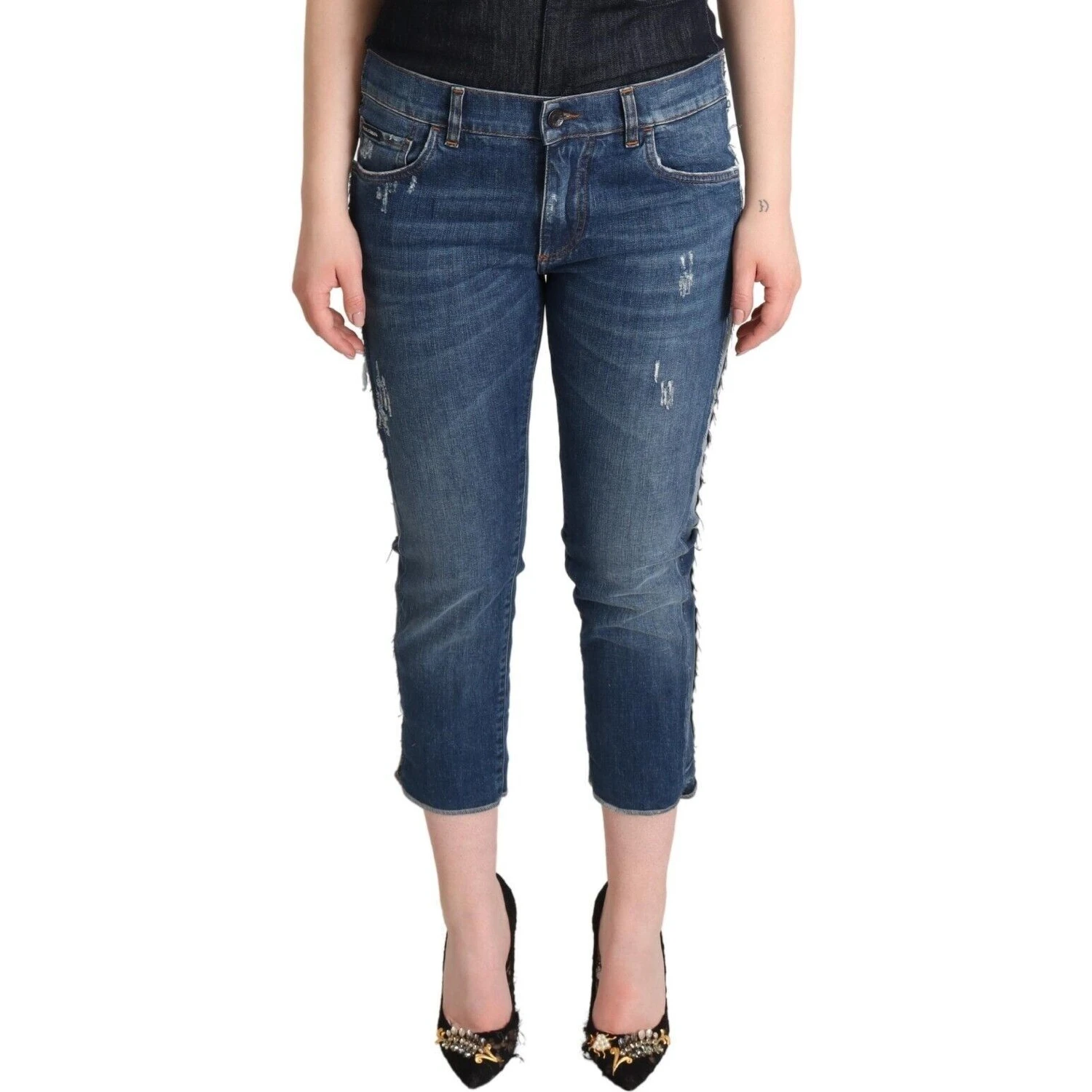 Blue Washed Mid Waist Denim Logo Cropped Jeans