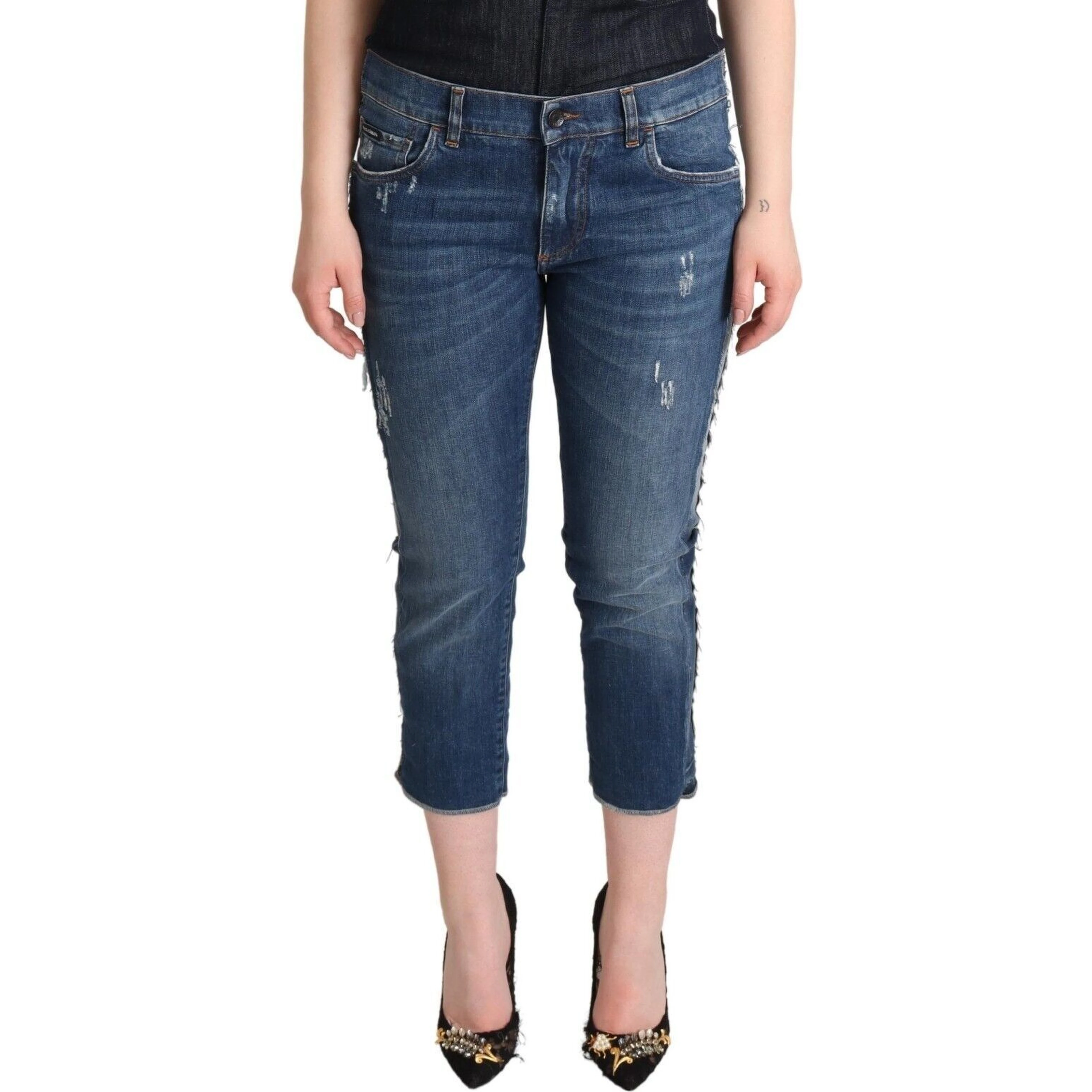 Blue Washed Mid Waist Denim Logo Cropped Jeans