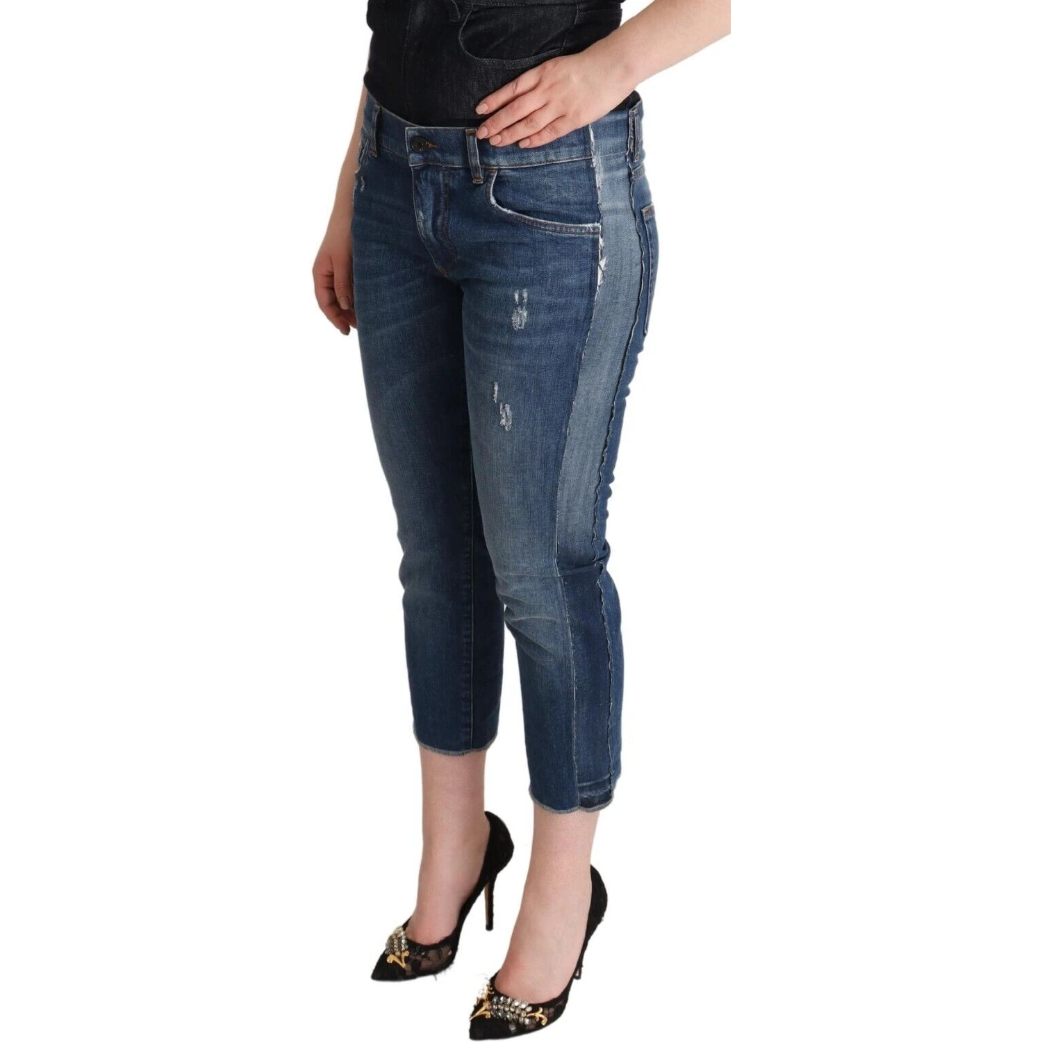 Blue Washed Mid Waist Denim Logo Cropped Jeans