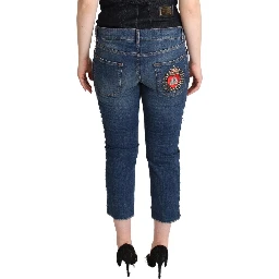 Blue Washed Mid Waist Denim Logo Cropped Jeans