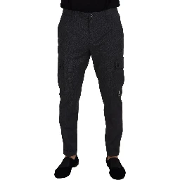 Gray Checked Cargo Trousers Stretch Pants