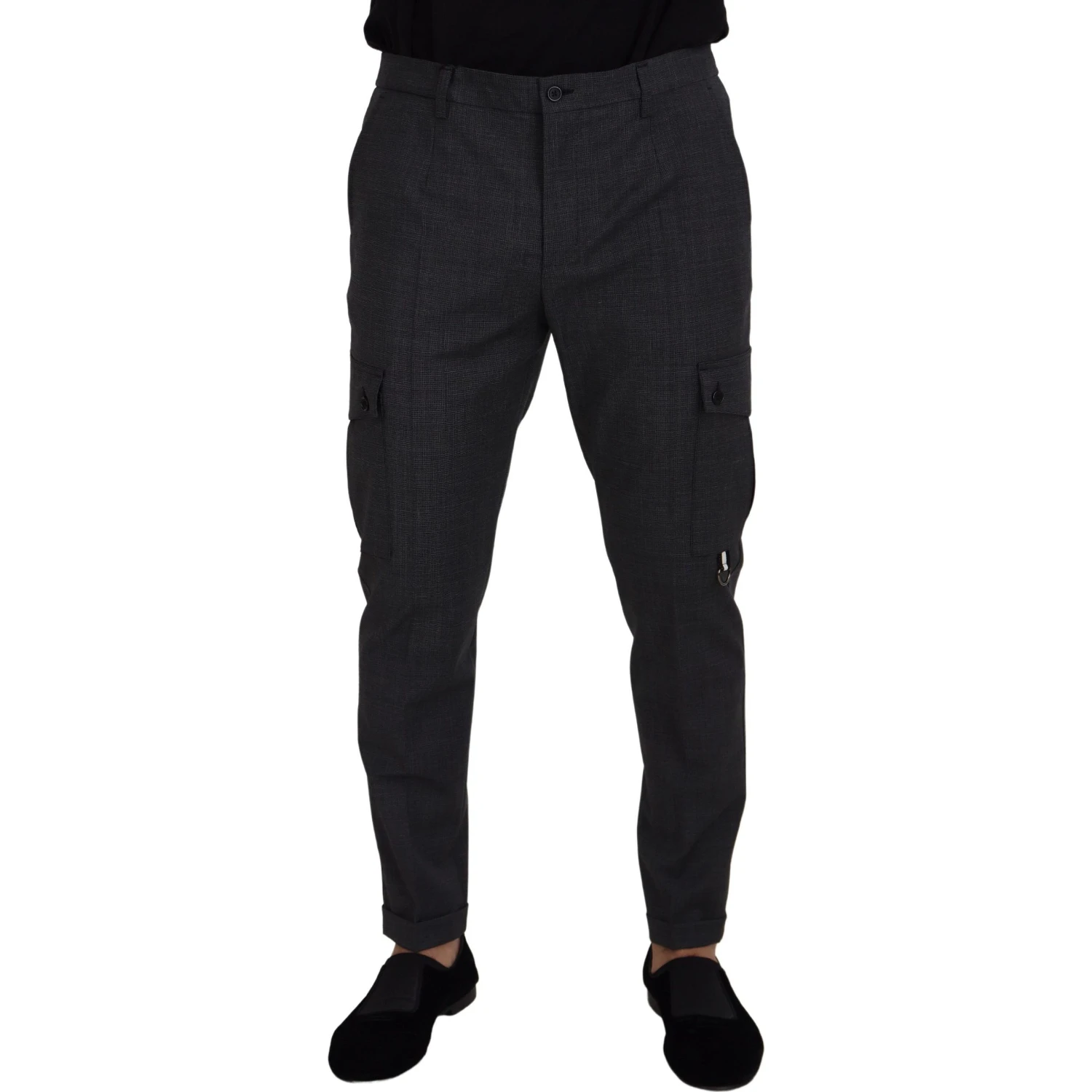 Gray Checked Cargo Trousers Stretch Pants