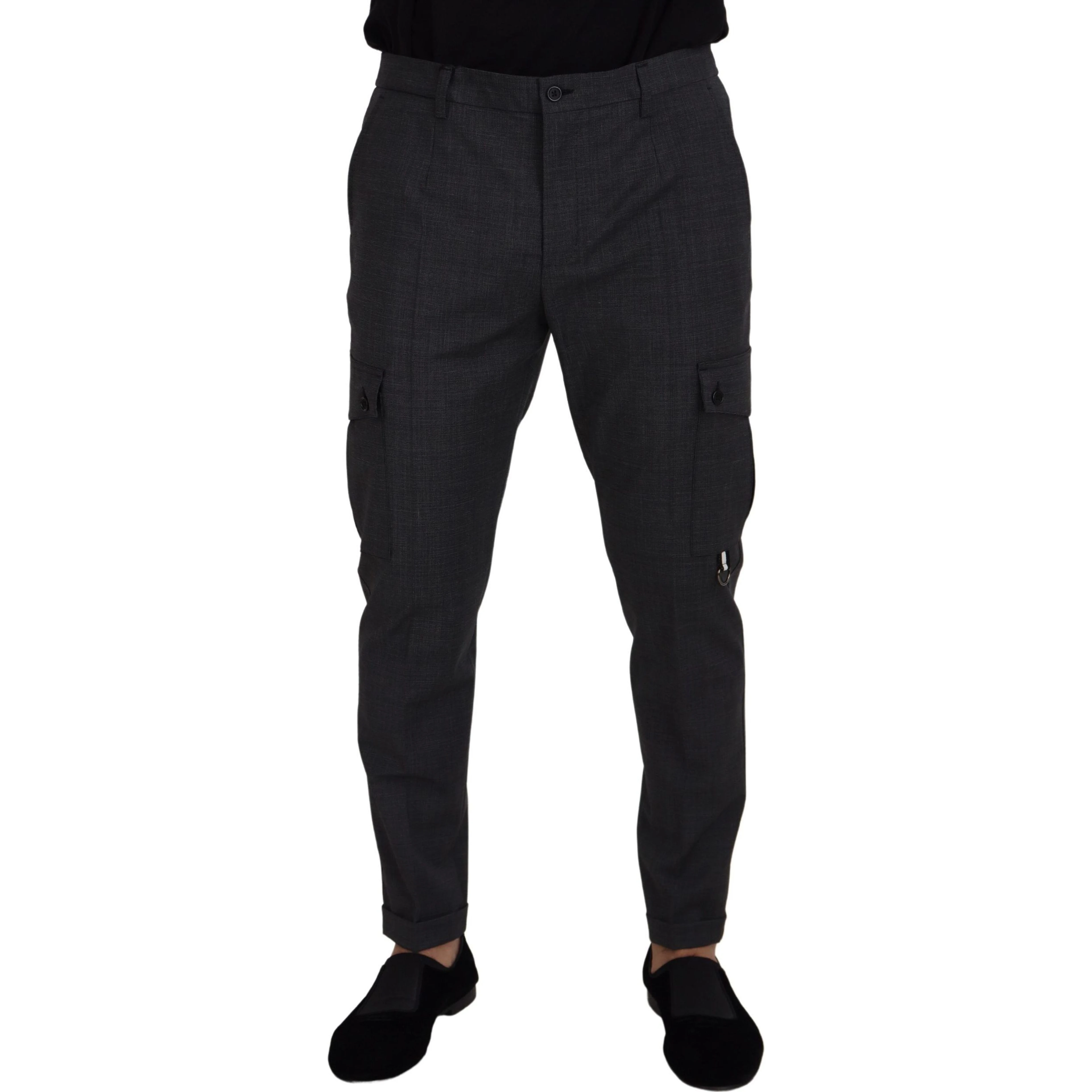 Gray Checked Cargo Trousers Stretch Pants