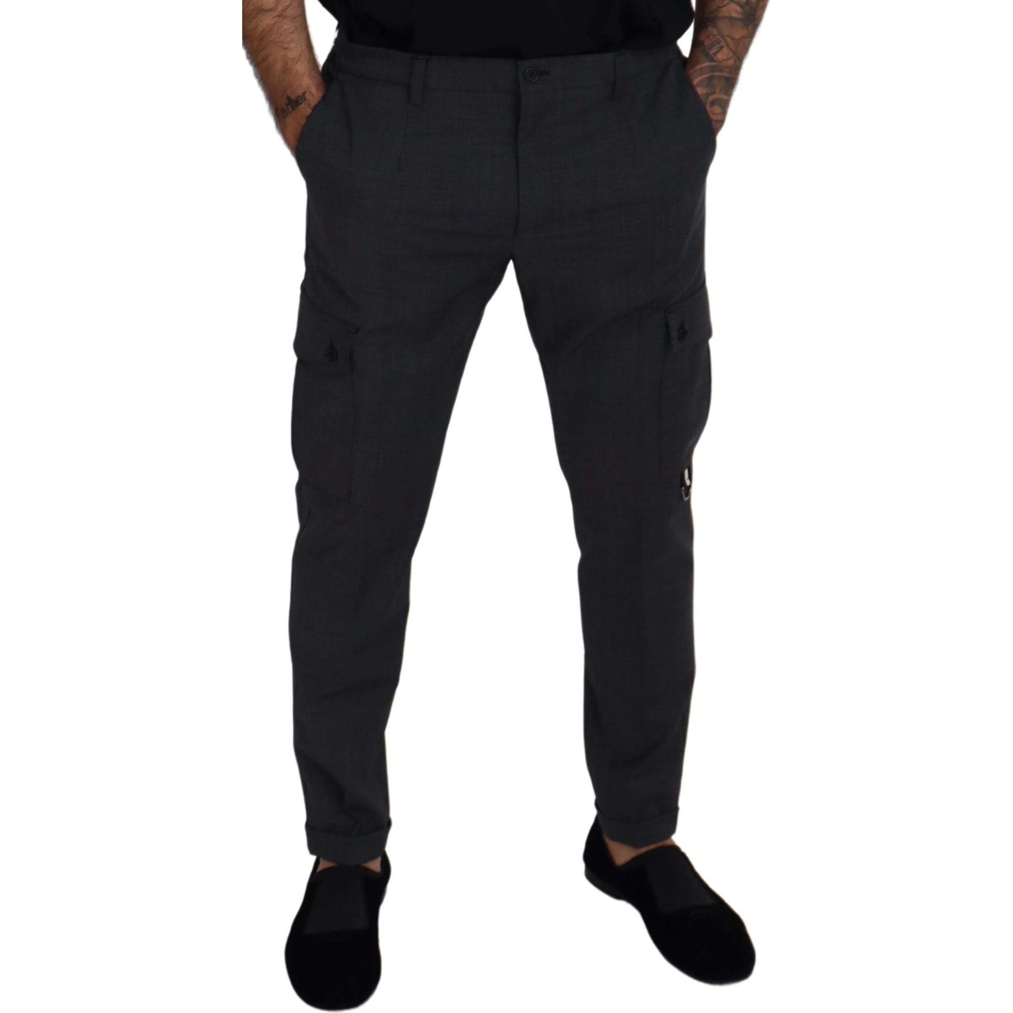 Gray Checked Cargo Trousers Stretch Pants