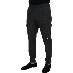 Gray Checked Cargo Trousers Stretch Pants