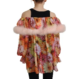 Multicolor Floral Fur Shearling Blouse Top