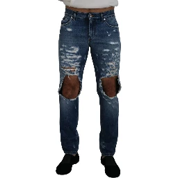Blue Cotton Tattered Men Denim Jeans