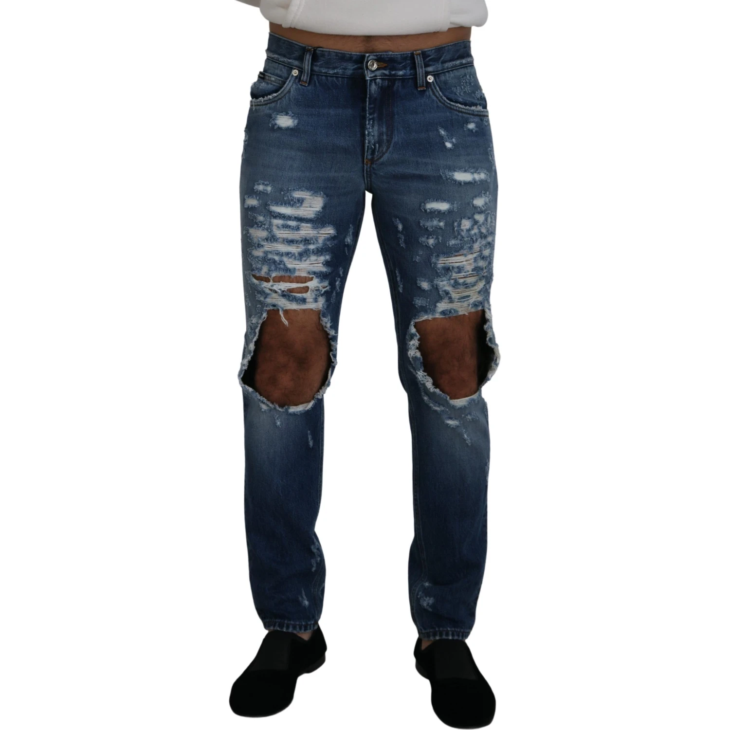 Blue Cotton Tattered Men Denim Jeans