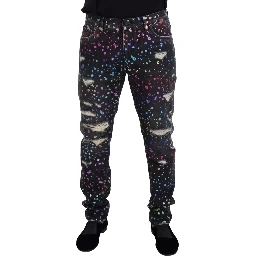 Black Multicolor Print Tattered Denim Jeans