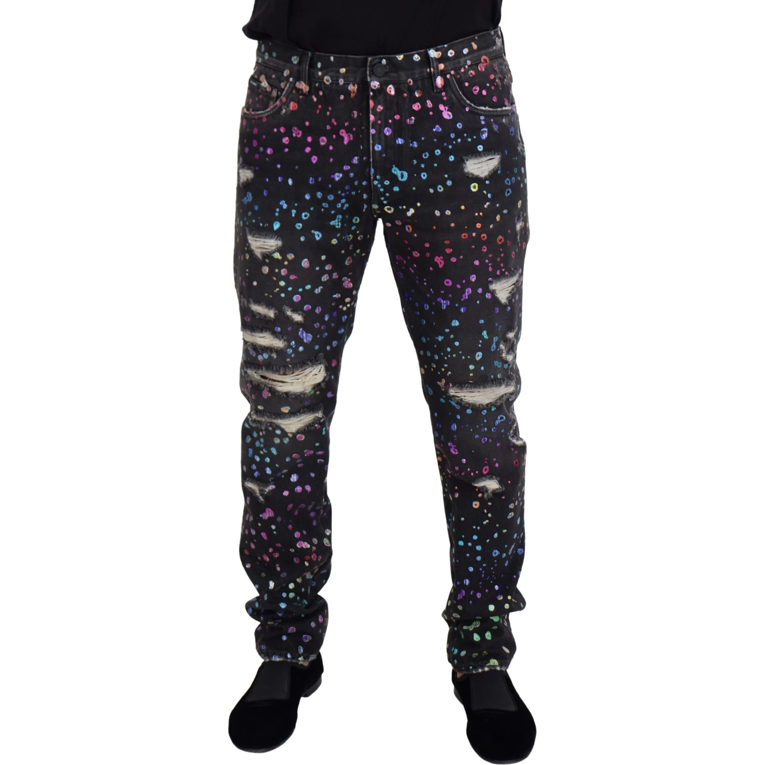 Black Multicolor Print Tattered Denim Jeans