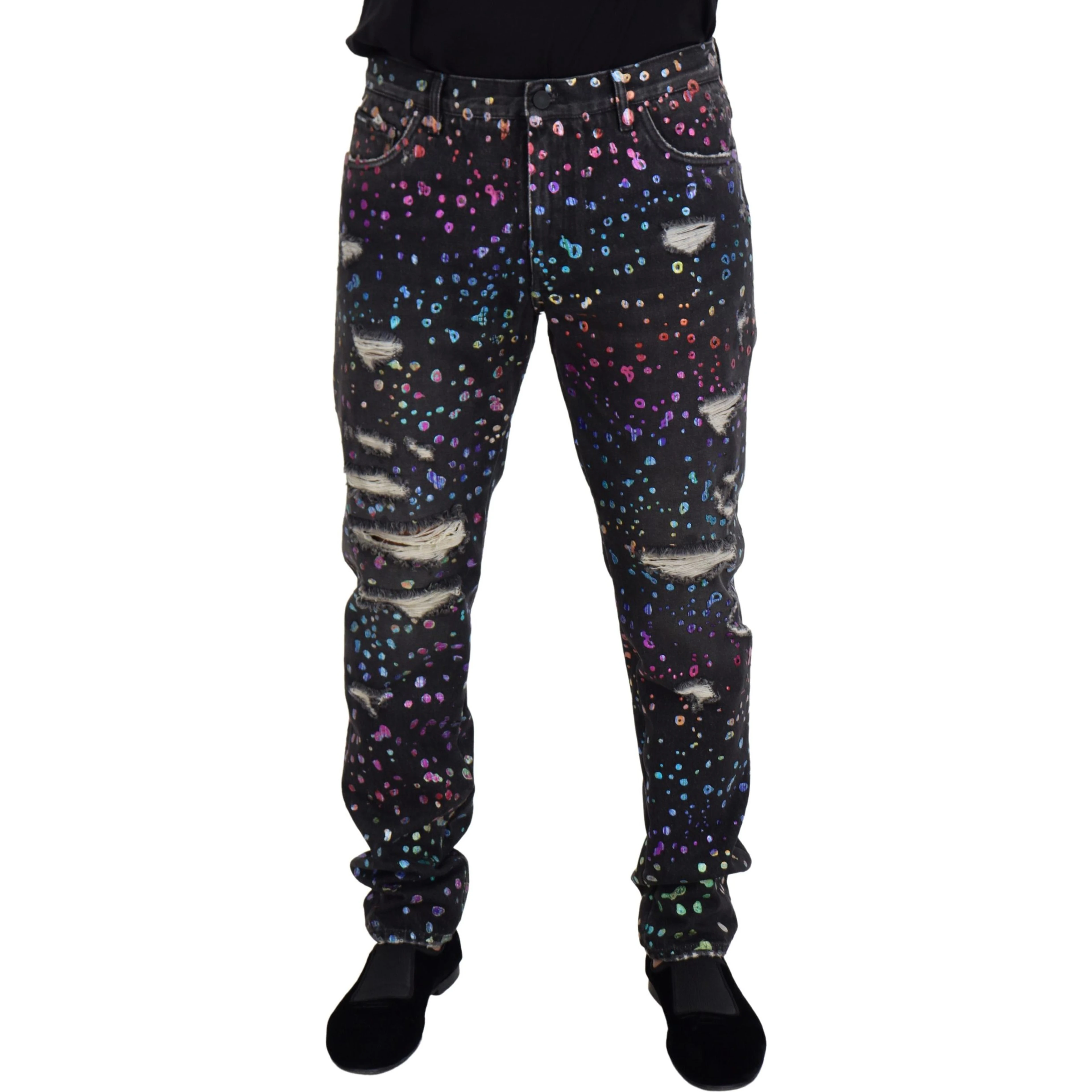 Black Multicolor Print Tattered Denim Jeans