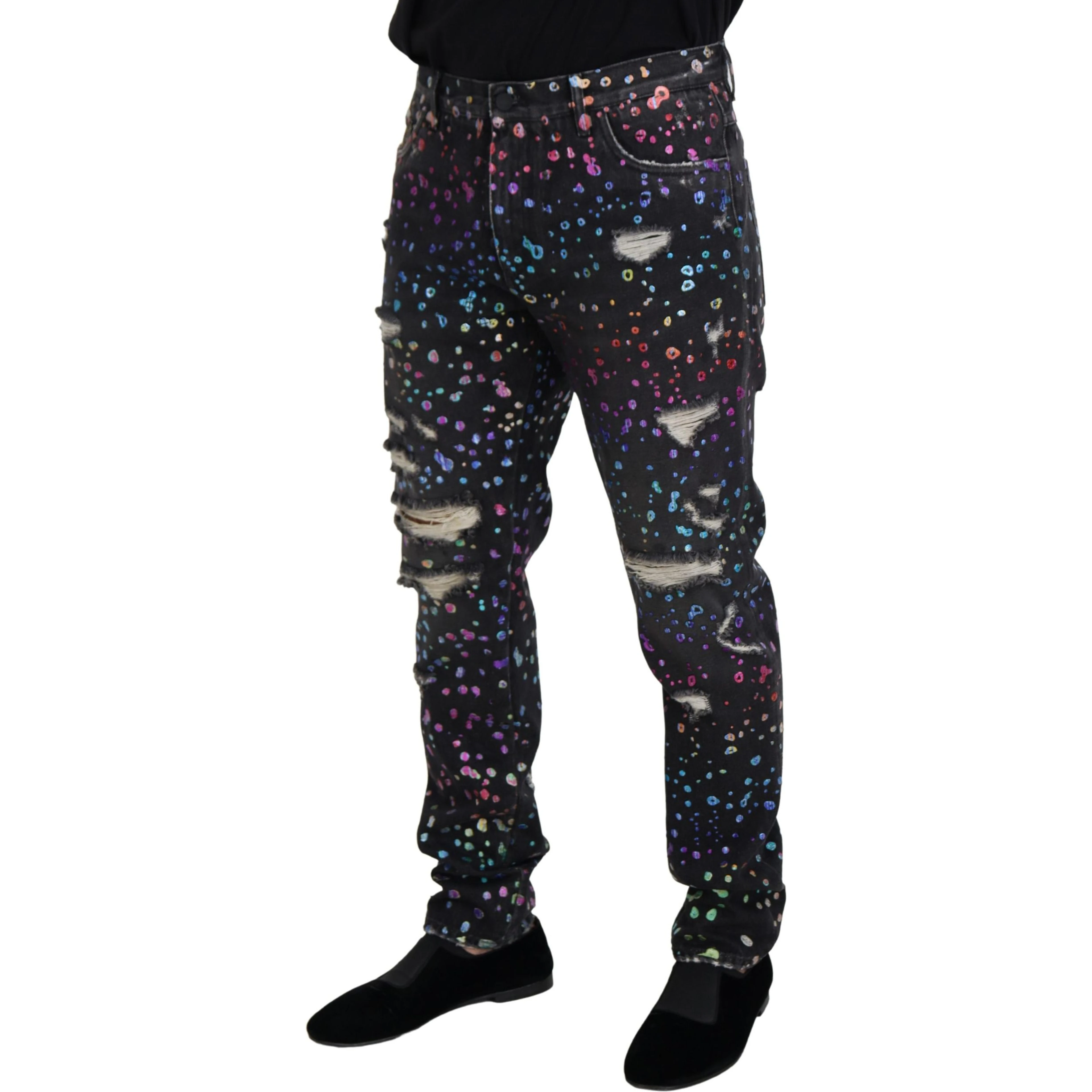 Black Multicolor Print Tattered Denim Jeans