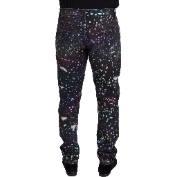 Black Multicolor Print Tattered Denim Jeans