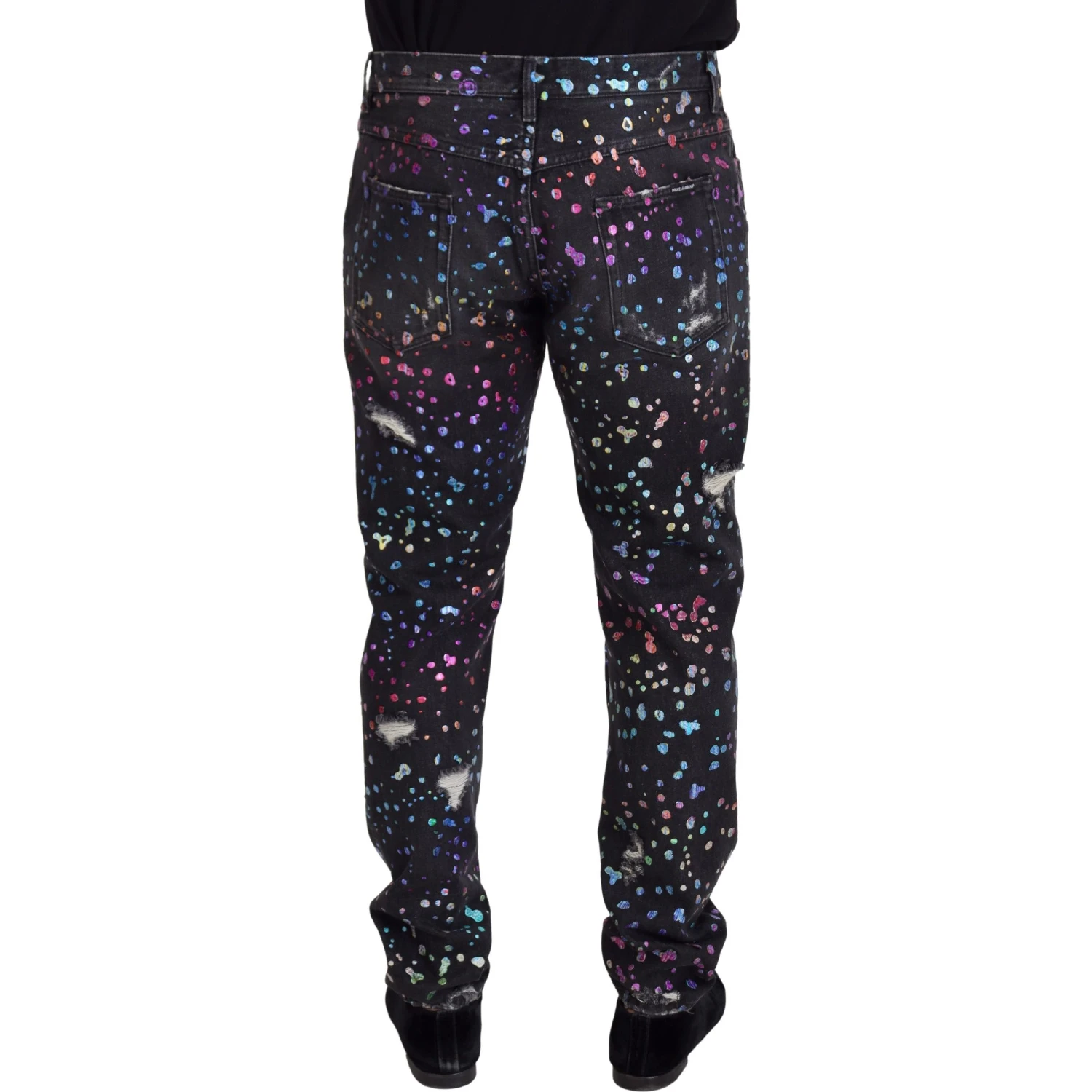 Black Multicolor Print Tattered Denim Jeans