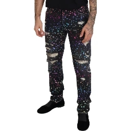 Black Multicolor Print Tattered Denim Jeans
