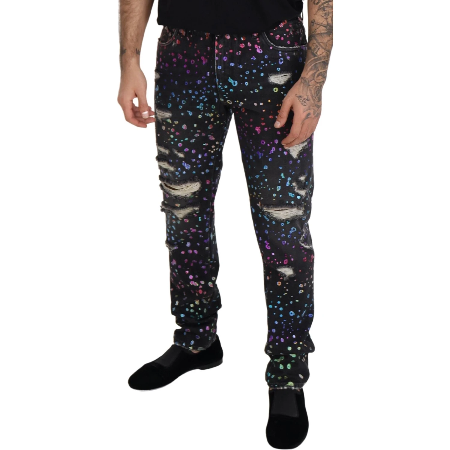 Black Multicolor Print Tattered Denim Jeans