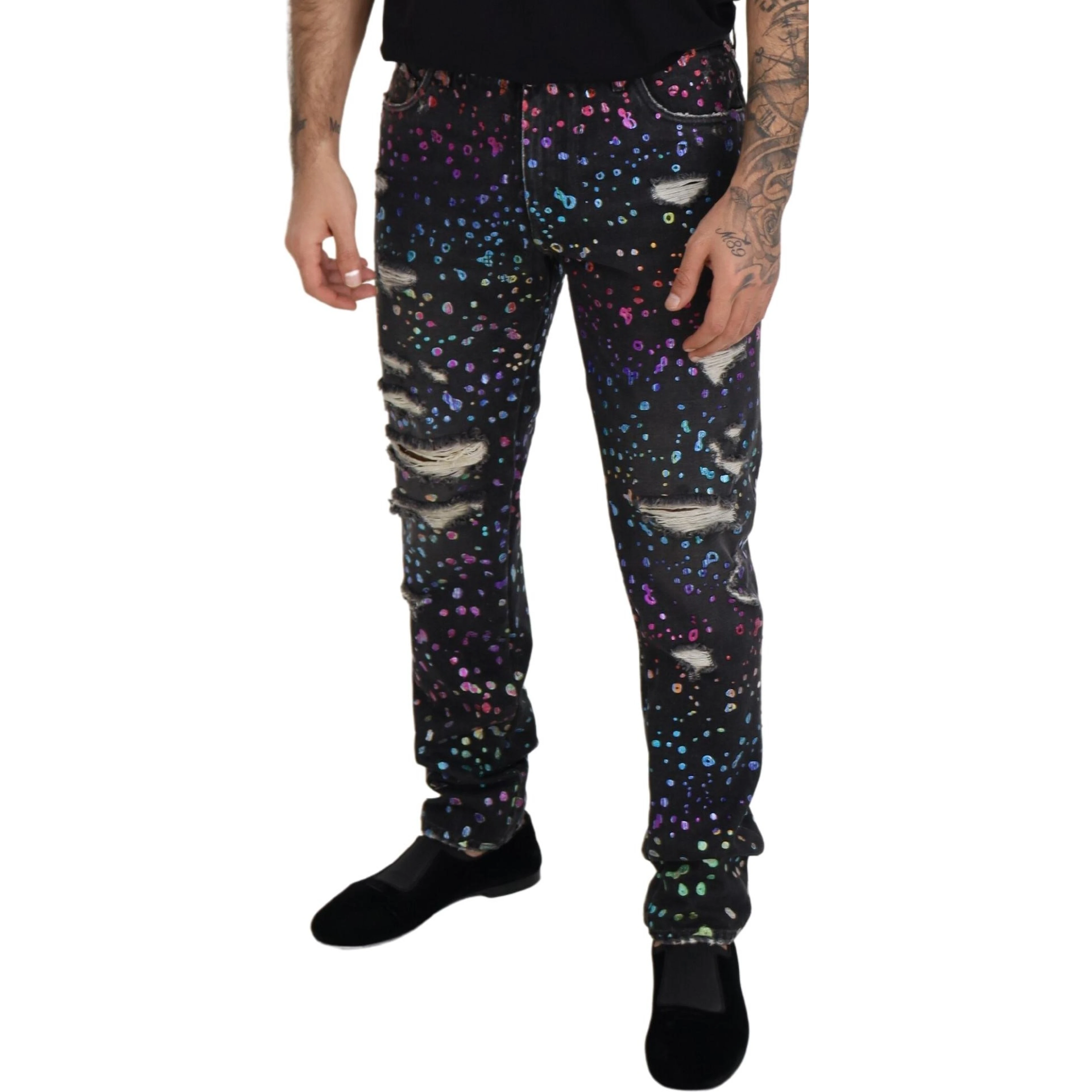 Black Multicolor Print Tattered Denim Jeans