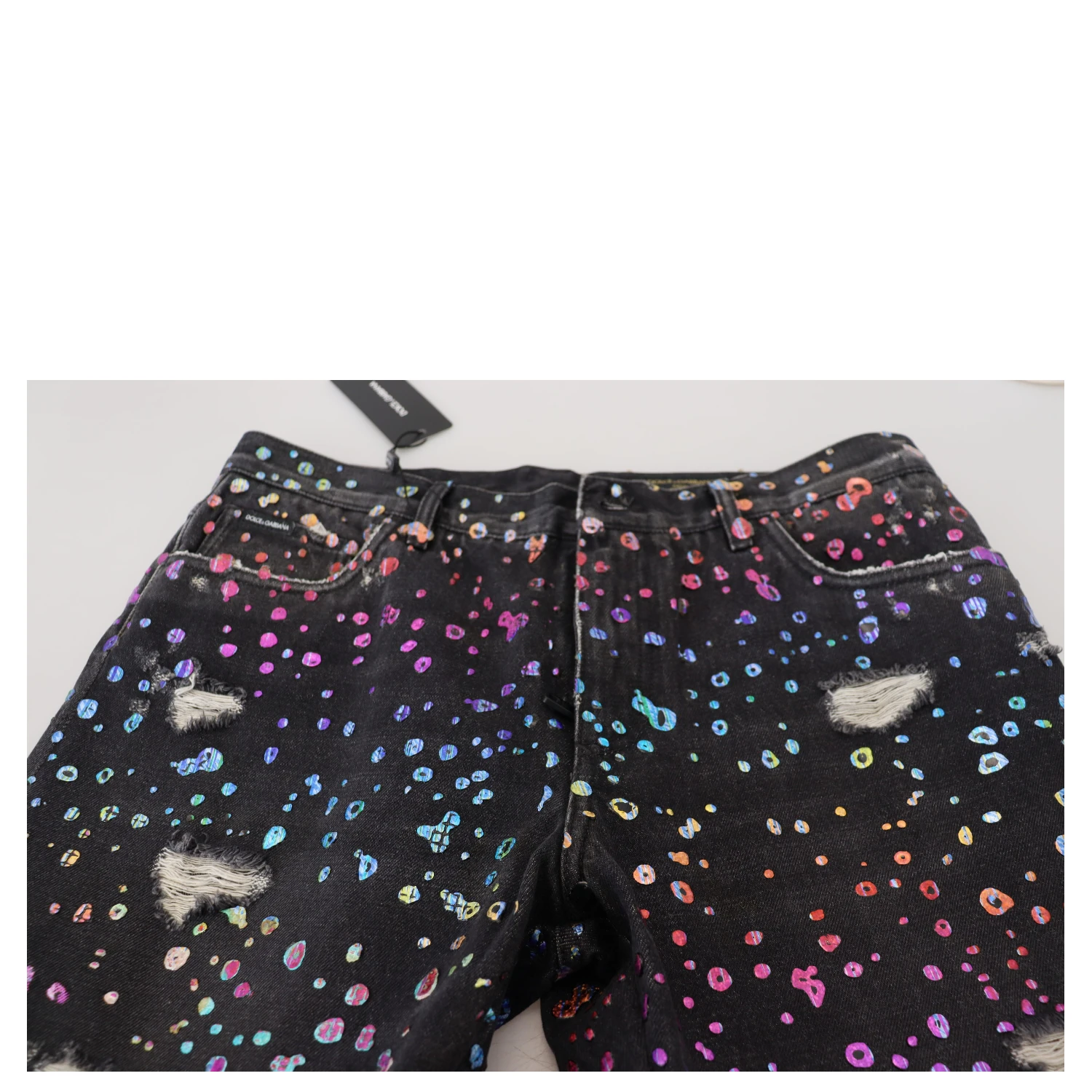 Black Multicolor Print Tattered Denim Jeans