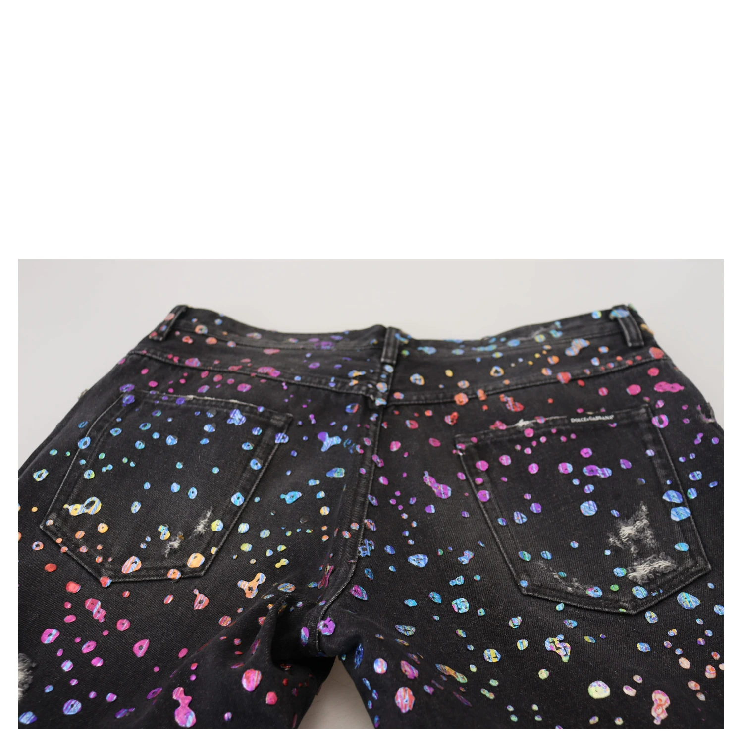 Black Multicolor Print Tattered Denim Jeans