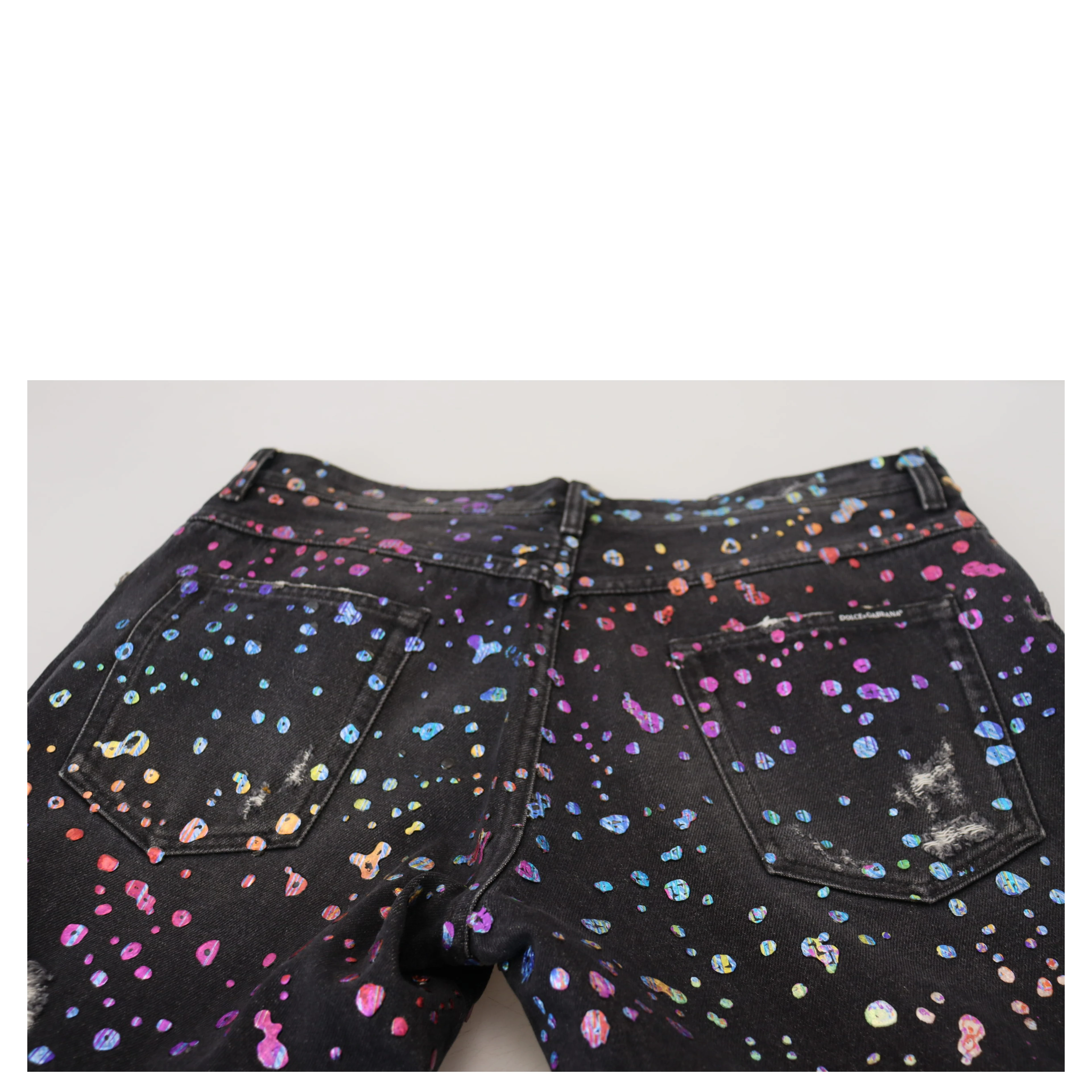 Black Multicolor Print Tattered Denim Jeans